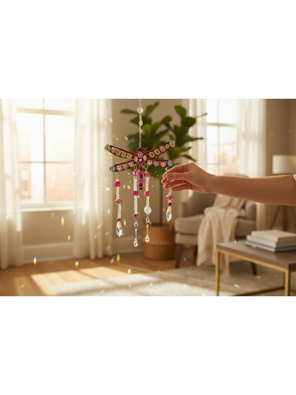 Handcrafted Dragonfly Hanging Ornament With Beads & Crystals 28" Tall & 8" Wide